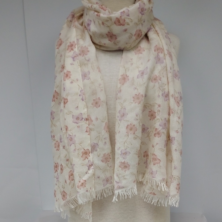 Loro Piana Cashmere And Silk Floral Cream Scarf With Pink  Blush Accents